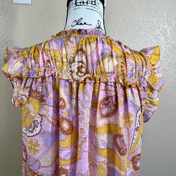 Maison d' Amelie yellow blouse purple paisley print top flutter sleeve size S - Picture 12 of 15